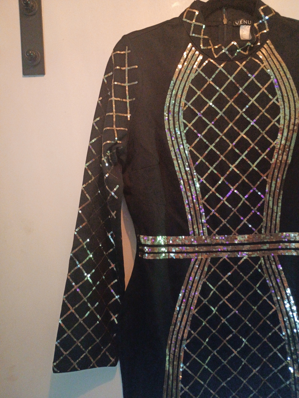 VENUS Black Mini Dress with Gold Sequin Grid Accents - Picture 5 of 8